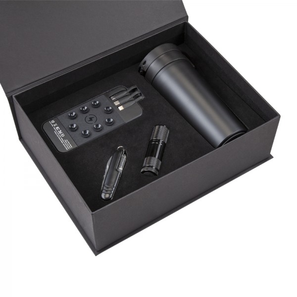 5067 Siyah - Siyah Mug Çakı & Fener & Powerbank & Termos Set