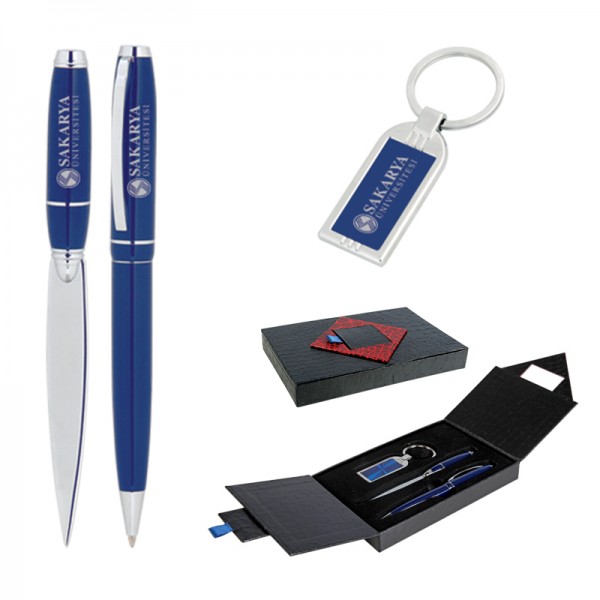 310 Mavi Hediyelik Set - Metal Tükenmez Kalem - Metal Anahtarlık - Zarf Açacağı