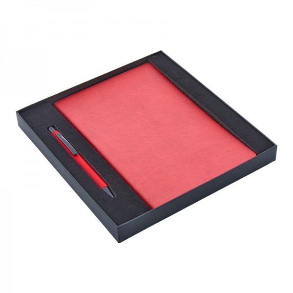2280-K Kırmızı Hediyelik Set - 13x21 Renkli Kenar Not Defteri Metal Tükenmez Kalem
